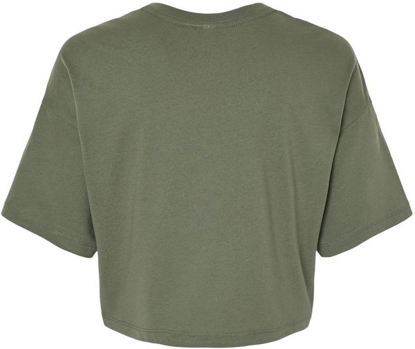 Am image of a Custom Bella and Canvas Ladies Jersey Cropped T Shirt in Military Green!