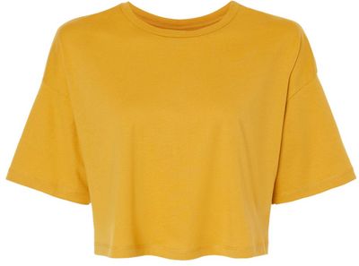 Am image of a Custom Bella and Canvas Ladies Jersey Cropped T Shirt in Mustard!