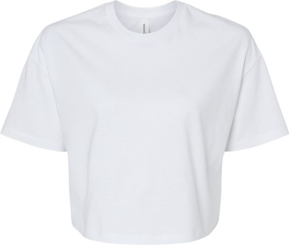 Am image of a Custom Bella and Canvas Ladies Jersey Cropped T Shirt in White!