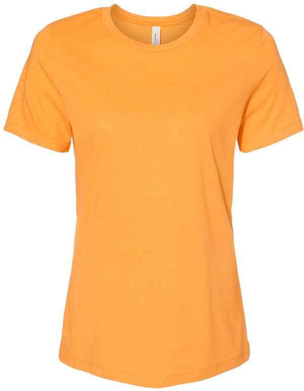 An image of a Custom Bella and Canvas Ladies Relaxed Fit Heather CVC T Shirt in Heather Marmalade!