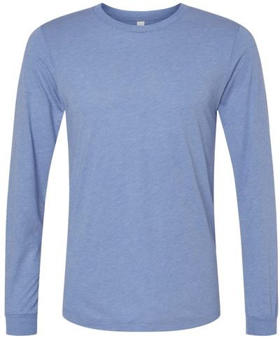 Am image of a Custom Bella and Canvas Triblend Long Sleeve T Shirt in Blue Triblend!
