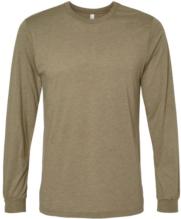 Am image of a Custom Bella and Canvas Triblend Long Sleeve T Shirt in Olive Triblend!
