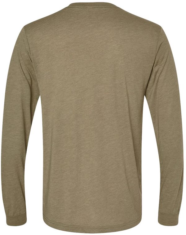 Am image of a Custom Bella and Canvas Triblend Long Sleeve T Shirt in Olive Triblend!