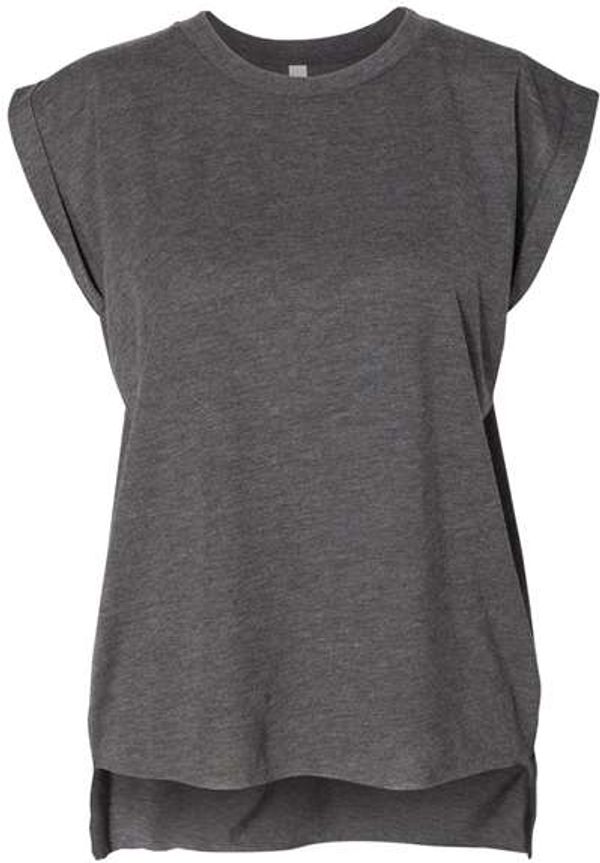 Am image of a Custom Bella and Canvas Womens Flowy Rolled Cuffs Muscle Tee in Dark Grey Heather!