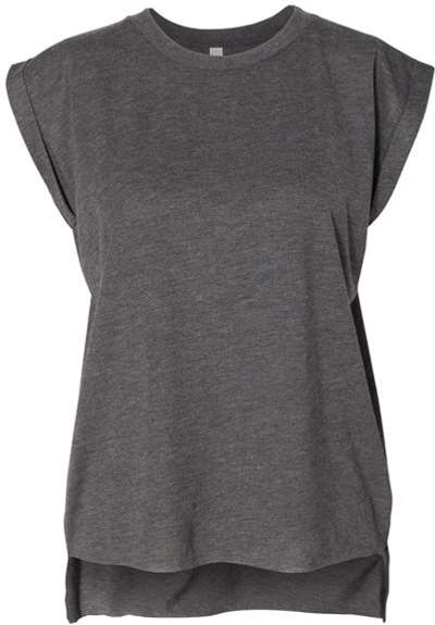 Am image of a Custom Bella and Canvas Womens Flowy Rolled Cuffs Muscle Tee in Dark Grey Heather!