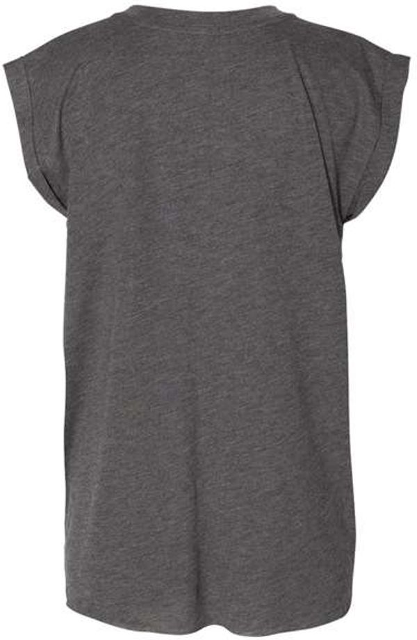 Am image of a Custom Bella and Canvas Womens Flowy Rolled Cuffs Muscle Tee in Dark Grey Heather!
