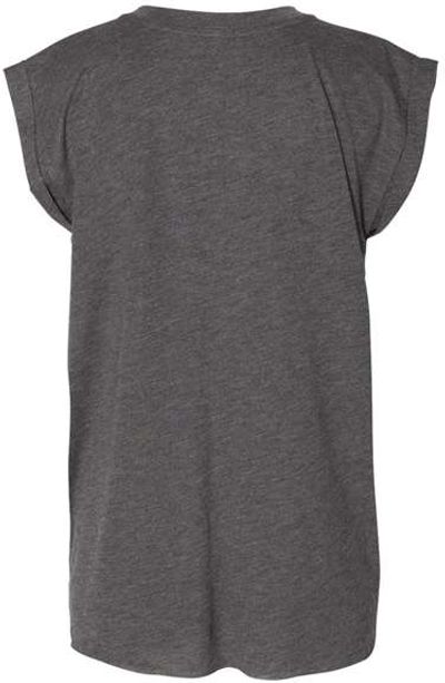 Am image of a Custom Bella and Canvas Womens Flowy Rolled Cuffs Muscle Tee in Dark Grey Heather!