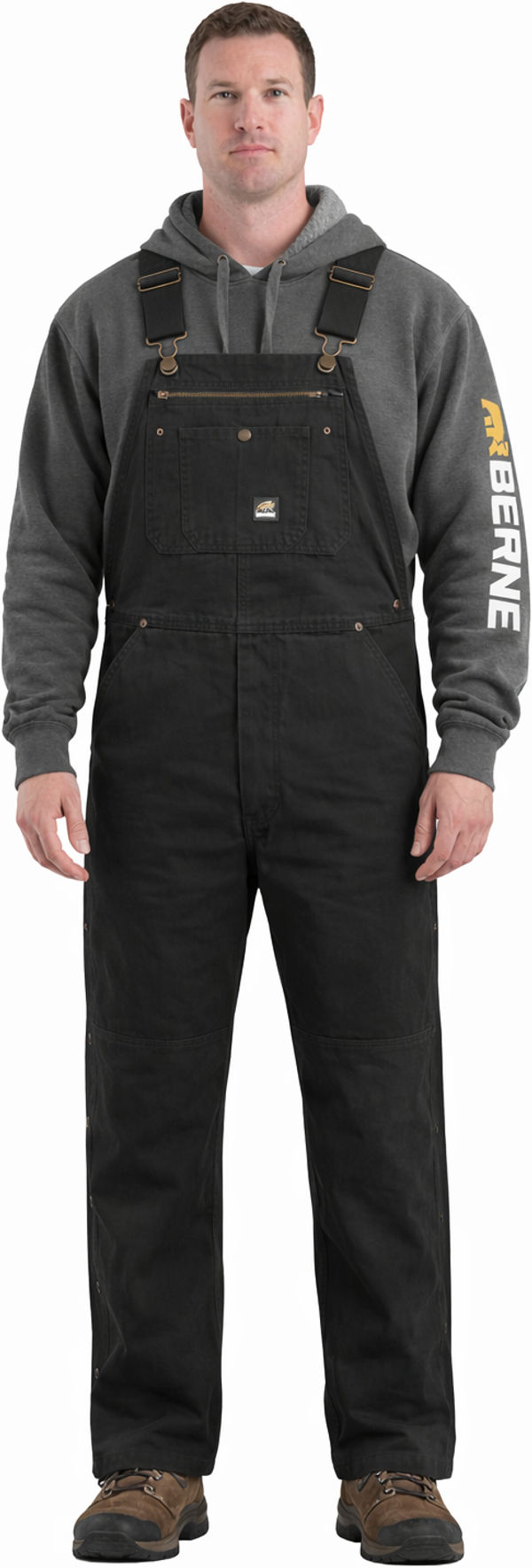 An image of a Custom Berne Men's Short Length Acre Unlined Washed Bib Overall in Black!