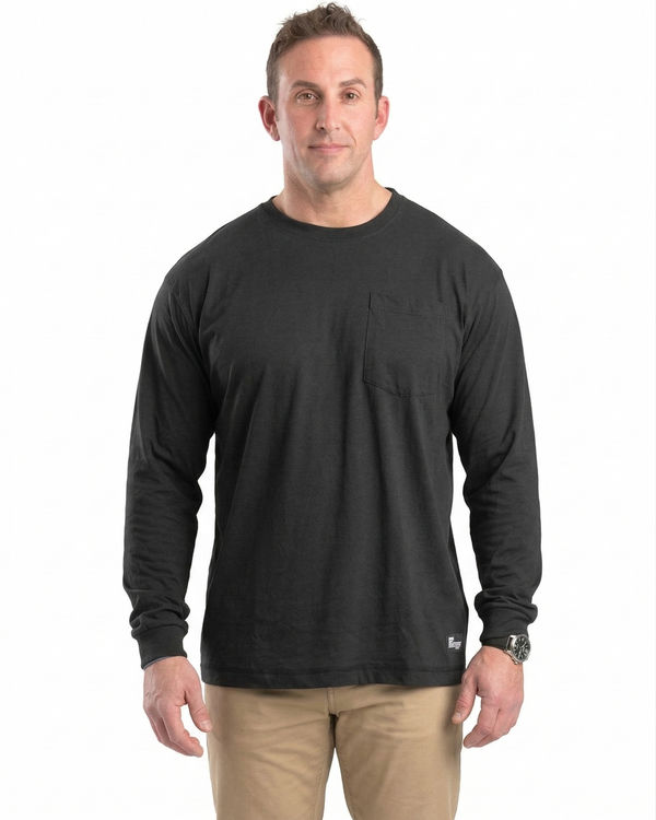 An image of a Custom Berne Unisex Performance Long Sleeve Pocket T Shirt in Black!
