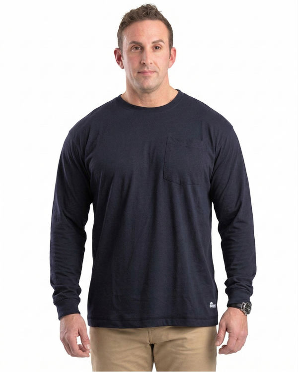 An image of a Custom Berne Unisex Performance Long Sleeve Pocket T Shirt in Navy!