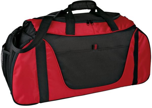 Am image of a Custom Port Authority Medium Two Tone Duffel in Red/Black!