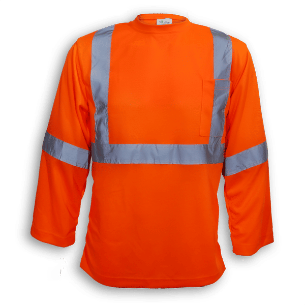 Am image of a Custom Big K 100 Percent Soft Polyester Traffic Safety Long Sleeve T Shirt in Orange!