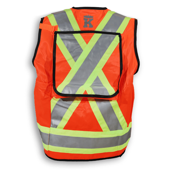 Am image of a Custom Big K 600 Denier Poly Surveyor Safety Vest in Orange!