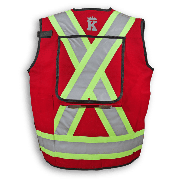 Am image of a Custom Big K 600 Denier Poly Surveyor Safety Vest in Red!