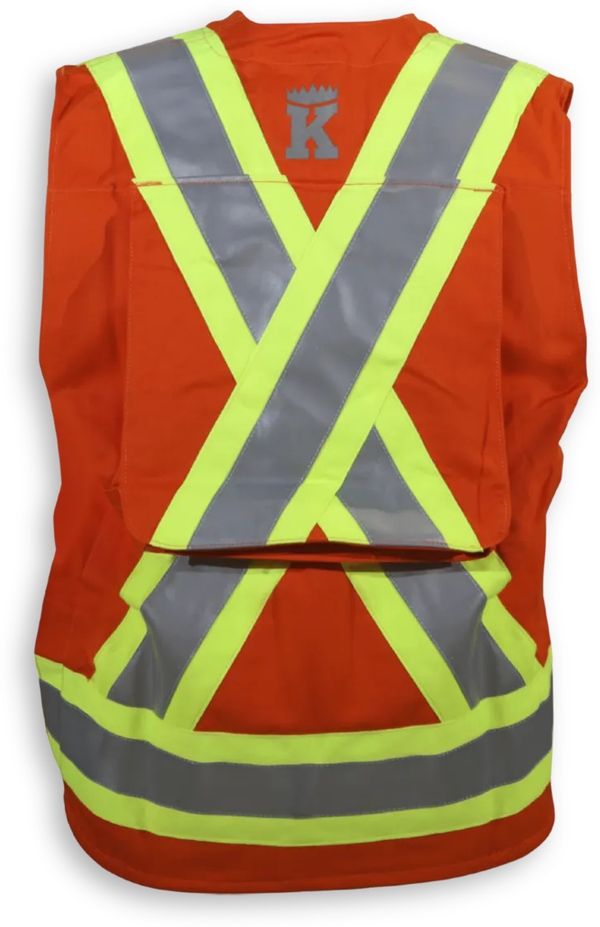 Am image of a Custom Big K Clothing Indura Ultrasoft Surveyor Safety Vest in Orange!
