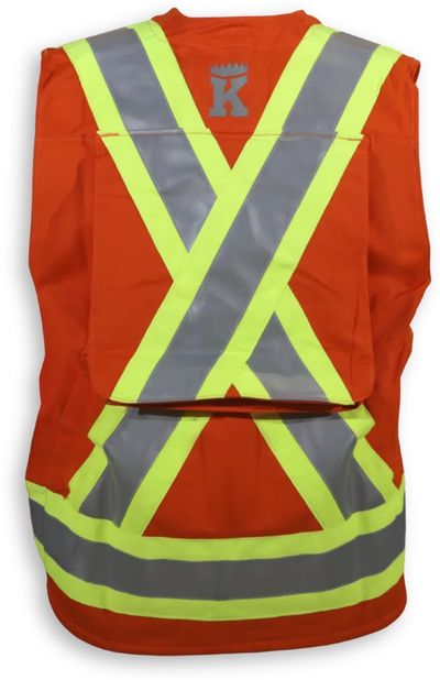 Am image of a Custom Big K Clothing Indura Ultrasoft Surveyor Safety Vest in Orange!