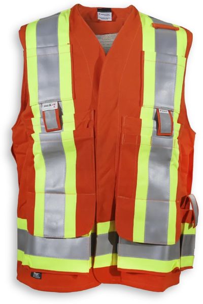 Am image of a Custom Big K Clothing Indura Ultrasoft Surveyor Safety Vest in Orange!