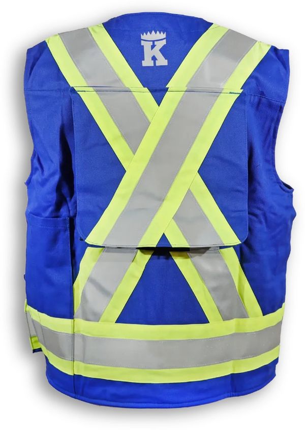 Am image of a Custom Big K Clothing Indura Ultrasoft Surveyor Safety Vest in Royal Blue!