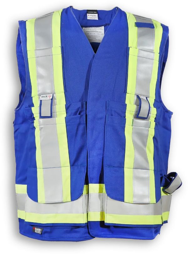 Am image of a Custom Big K Clothing Indura Ultrasoft Surveyor Safety Vest in Royal Blue!