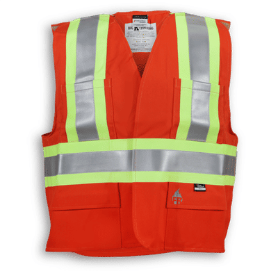 Am image of a Custom Big K Fire Retardant Ultrasoft Traffic Safety Vest in Orange!