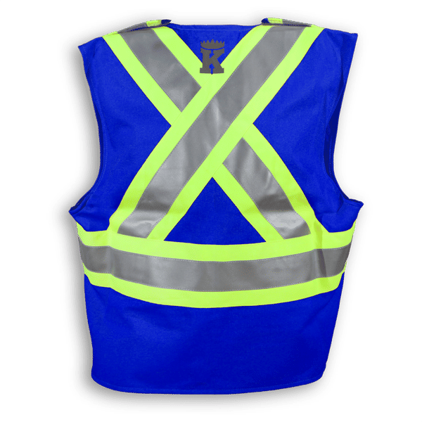 Am image of a Custom Big K Fire Retardant Ultrasoft Traffic Safety Vest in Royal Blue!