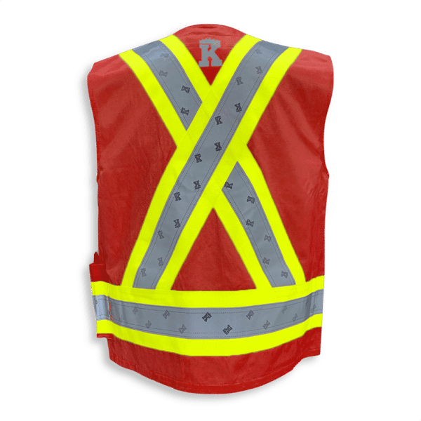 Am image of a Custom Big K Poly Cotton Supervisor Safety Vest in Red!