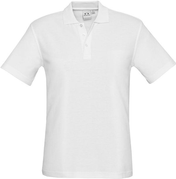 Am image of a Custom Biz Collection Mens Crew Short Sleeve Polo in White!