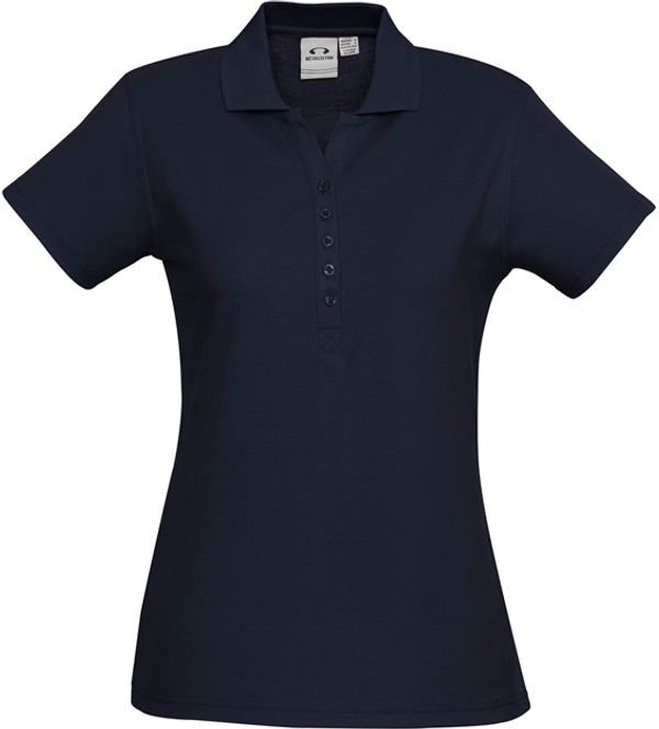 Am image of a Custom Biz Collection Womens Crew Short Sleeve Polo in Navy!