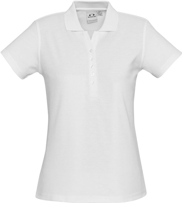 Am image of a Custom Biz Collection Womens Crew Short Sleeve Polo in White!
