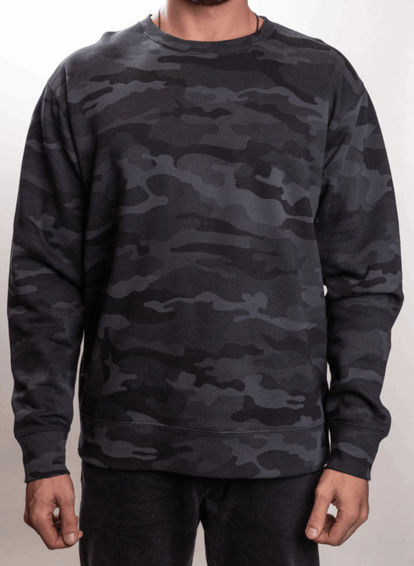 Am image of a Custom Independent Trading Co. Mens Heavy Weight Crew Neck in Black Camo!
