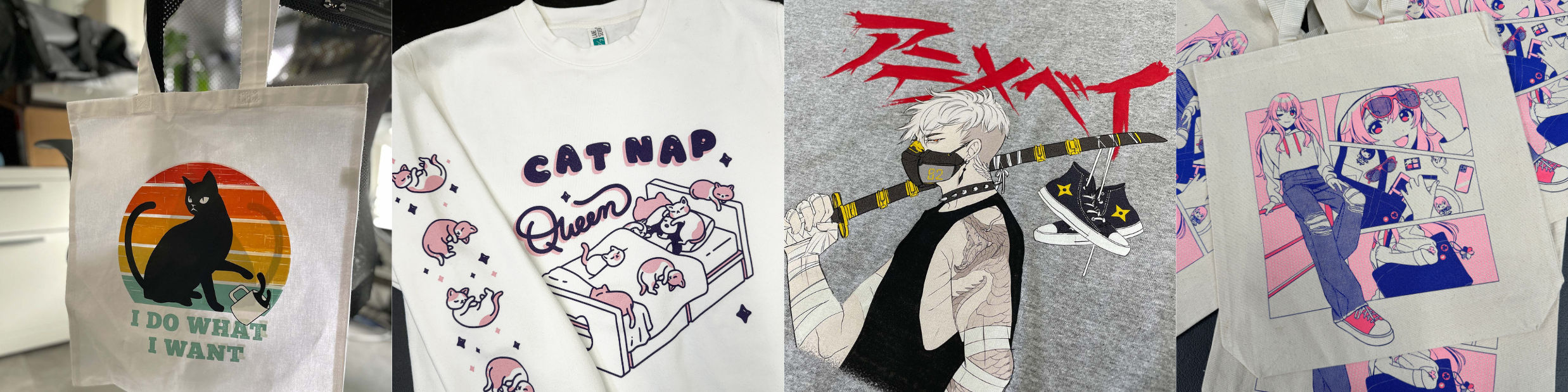 An image of various DTF and Screen printing examples.