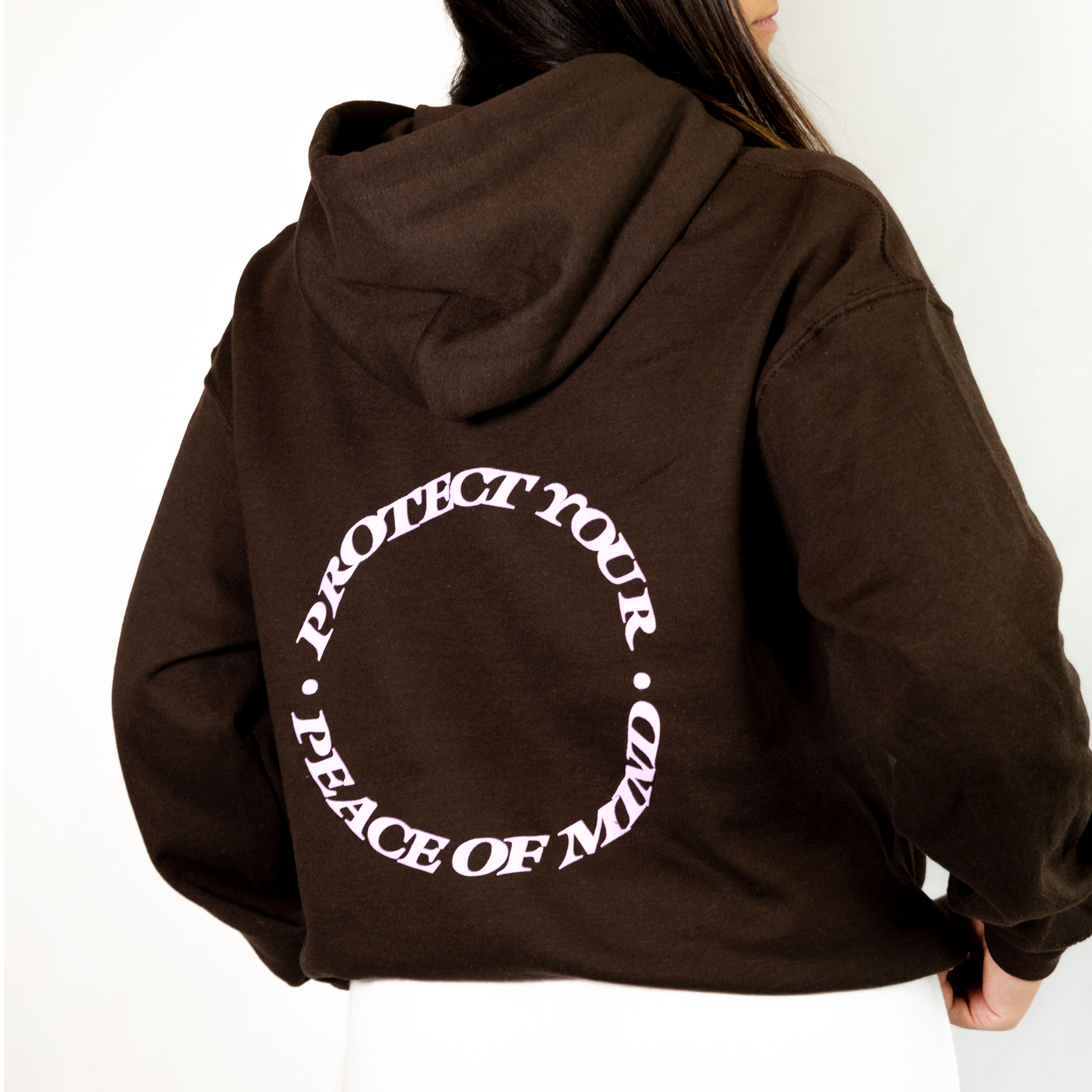 A screen printed hoodie with a back design.
