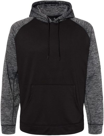 Am image of a Custom Burnside Performance Raglan Pullover Hoodie in Black/ Heather Charcoal!