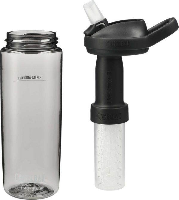 Am image of a Custom CamelBak Eddy 20oz with Tritan Renew LifeStraw in Charcoal!