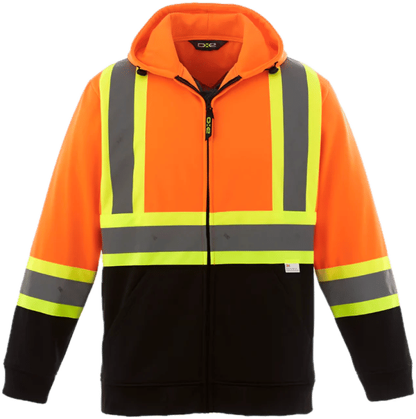 Am image of a Custom Canada Sportswear Freedom Hi Vis Full Zip Hooded Sweatshirt in Hi Vis Orange!
