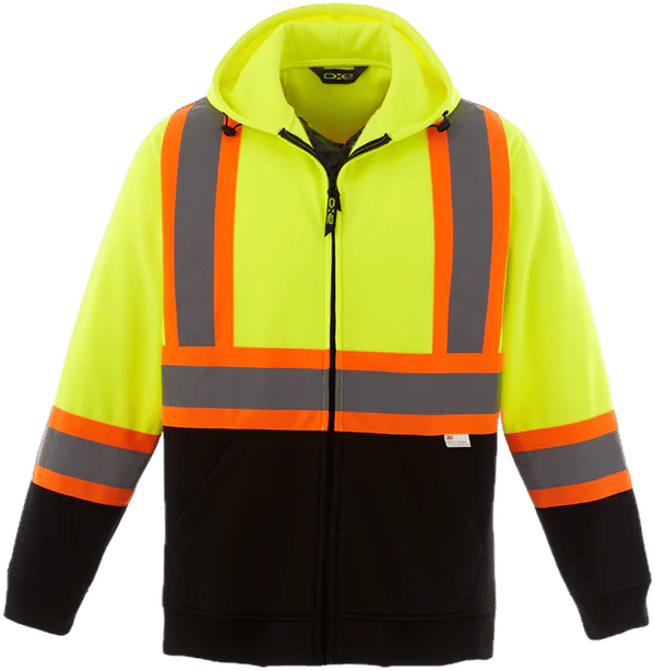 Am image of a Custom Canada Sportswear Freedom Hi Vis Full Zip Hooded Sweatshirt in Hi Vis Yellow!