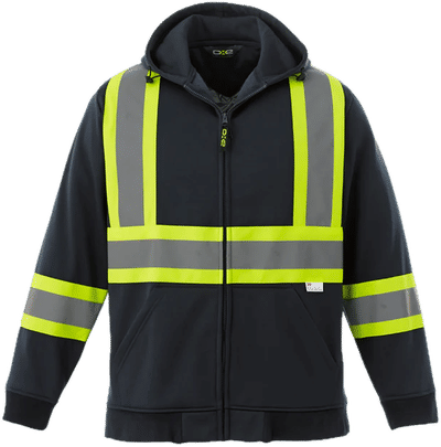 Am image of a Custom Canada Sportswear Freedom Hi Vis Full Zip Hooded Sweatshirt in Navy!