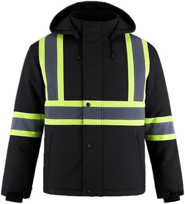 Am image of a Custom Canada Sportswear Freightliner Hi Vis Insulated Softshell with Detachable Hood in Black!