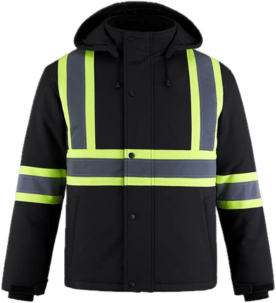 Am image of a Custom Canada Sportswear Freightliner Hi Vis Insulated Softshell with Detachable Hood in Black!