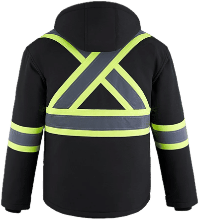 Am image of a Custom Canada Sportswear Freightliner Hi Vis Insulated Softshell with Detachable Hood in Black!