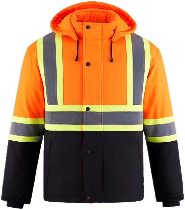 Am image of a Custom Canada Sportswear Freightliner Hi Vis Insulated Softshell with Detachable Hood in Hi Vis Orange!