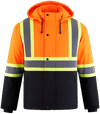 Am image of a Custom Canada Sportswear Freightliner Hi Vis Insulated Softshell with Detachable Hood in Hi Vis Orange!