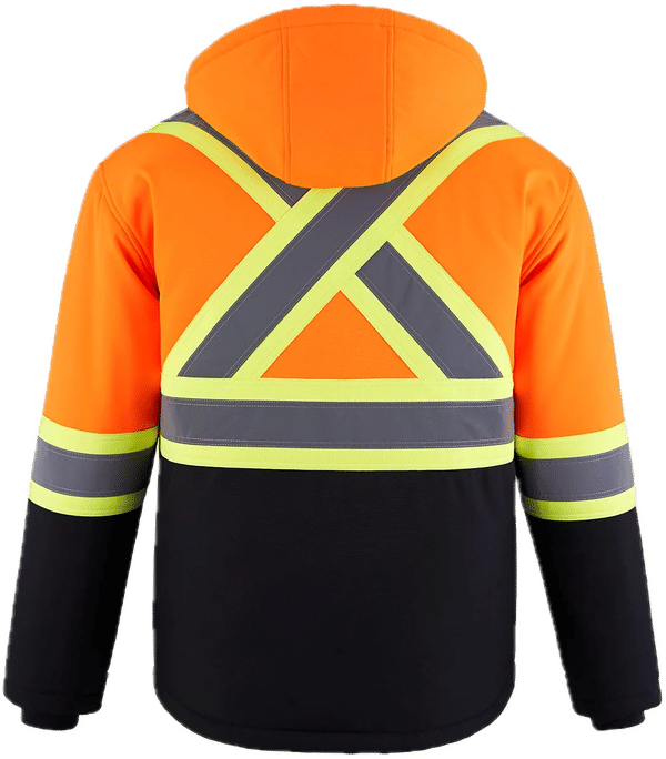 Am image of a Custom Canada Sportswear Freightliner Hi Vis Insulated Softshell with Detachable Hood in Hi Vis Orange!