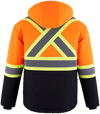 Am image of a Custom Canada Sportswear Freightliner Hi Vis Insulated Softshell with Detachable Hood in Hi Vis Orange!