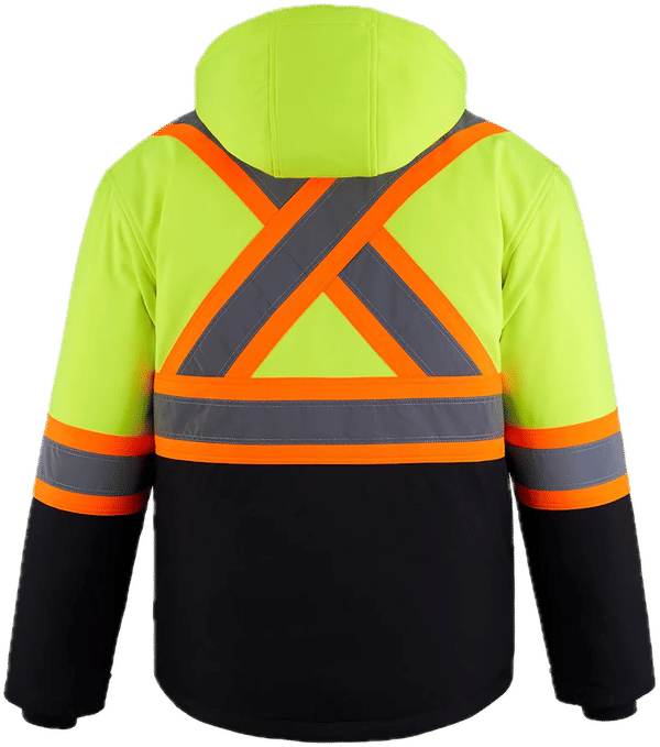 Am image of a Custom Canada Sportswear Freightliner Hi Vis Insulated Softshell with Detachable Hood in Hi Vis Yellow!