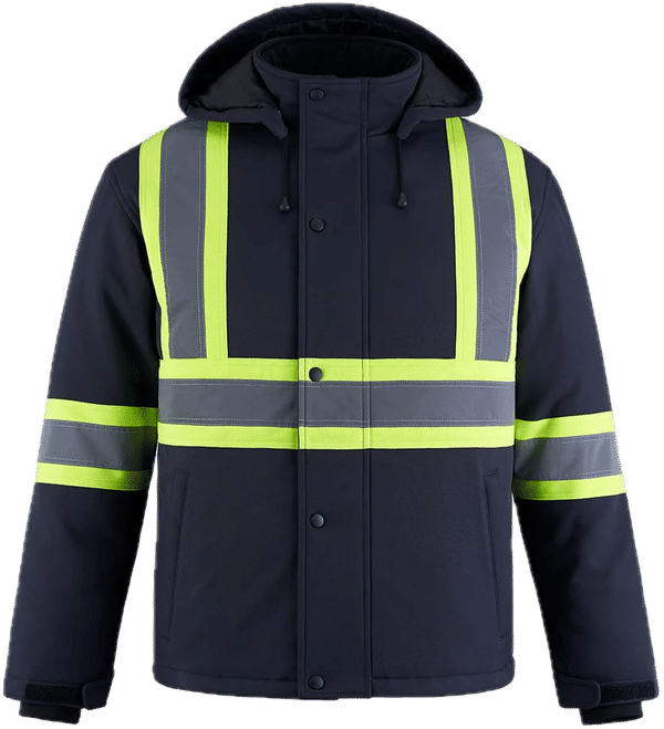 Am image of a Custom Canada Sportswear Freightliner Hi Vis Insulated Softshell with Detachable Hood in Navy!