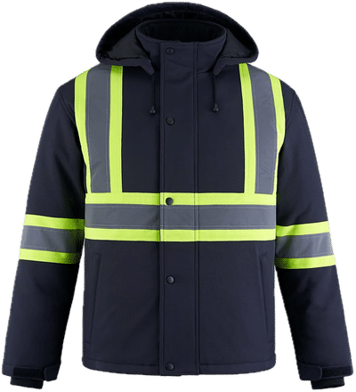 Am image of a Custom Canada Sportswear Freightliner Hi Vis Insulated Softshell with Detachable Hood in Navy!
