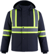 Am image of a Custom Canada Sportswear Freightliner Hi Vis Insulated Softshell with Detachable Hood in Navy!