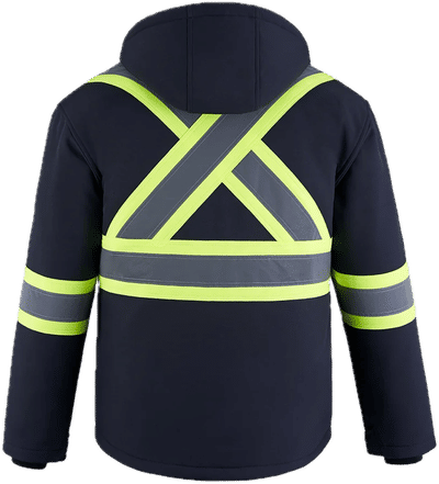 Am image of a Custom Canada Sportswear Freightliner Hi Vis Insulated Softshell with Detachable Hood in Navy!