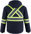 Am image of a Custom Canada Sportswear Freightliner Hi Vis Insulated Softshell with Detachable Hood in Navy!